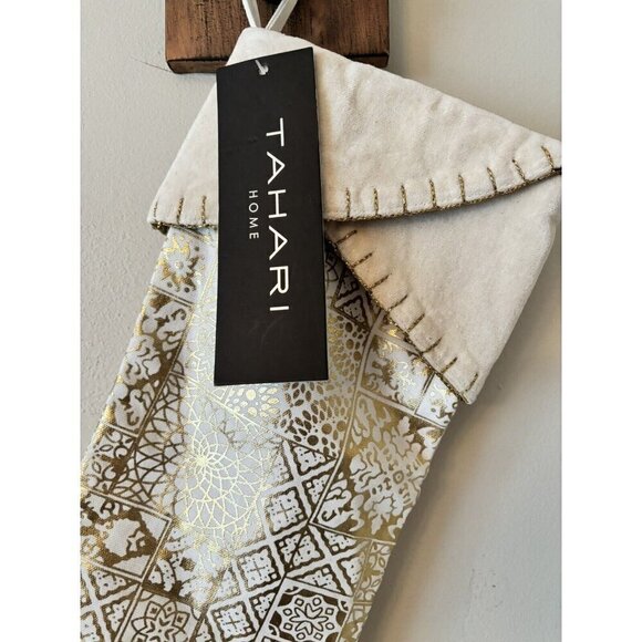NWT Tahari Home Christmas Stocking Gold Foil Mixed Pattern Felt Trim 22"x8" - Picture 2 of 6